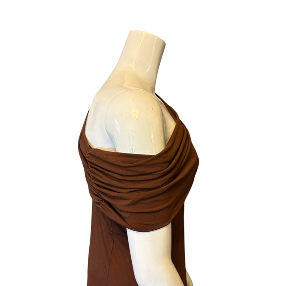 ELOQUII On or Off Shoulder Brown Maxi Dress Ruched Stretch Knit, Plus 18 - Picture 9 of 16